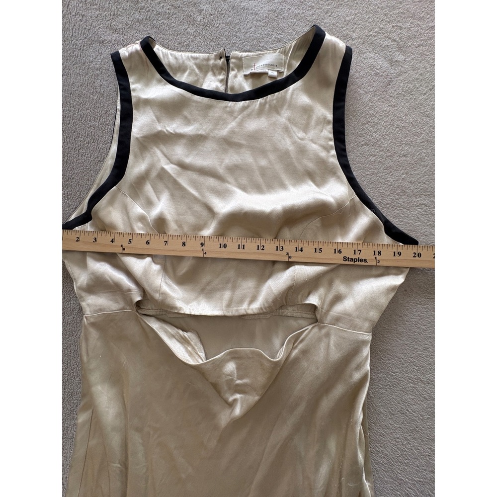 Anthropologie Champagne Gold Satin Cutout Maxi Dress Black Trim XL DR1544 - Picture 3 of 8